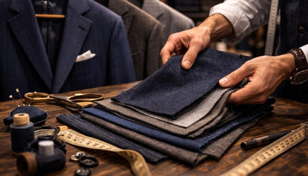 Master tailor taking measurements for a bespoke suit at Pindi Cloth House in Connaught Place.