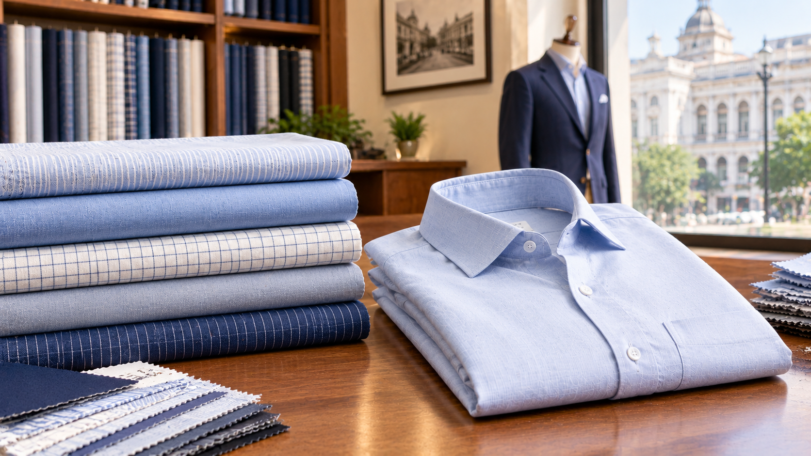 Premium cotton shirting fabrics in Connaught Place featuring blue, white, and striped fabrics alongside a tailored cotton shirt.