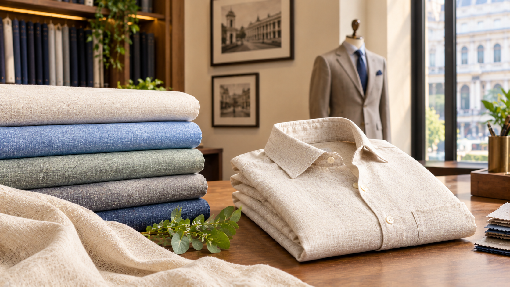 Linen Fabric in Connaught Place featuring premium linen shirting fabrics and a cream linen shirt at a tailoring store