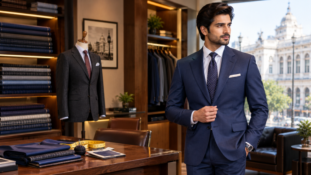 Tailored suits for men in Delhi featuring a man wearing a navy blue bespoke suit at a premium men's tailoring shop.